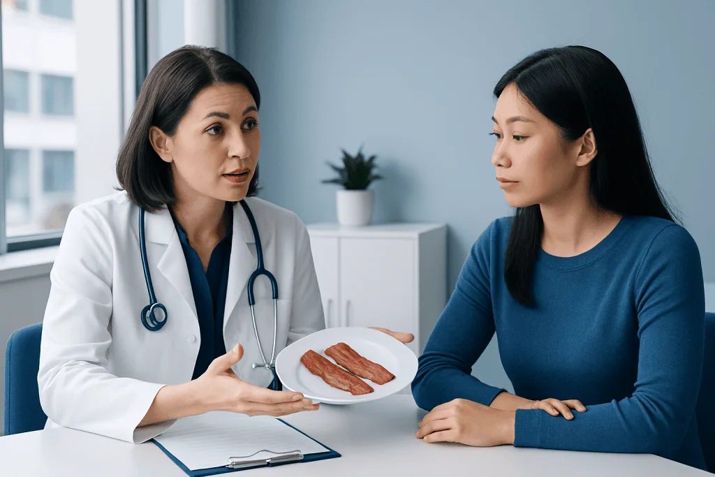 Doctor explaining turkey bacon health facts to patient in clinic.