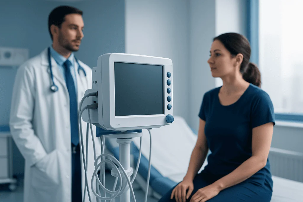 Doctor and patient in a hospital room with medical monitor.