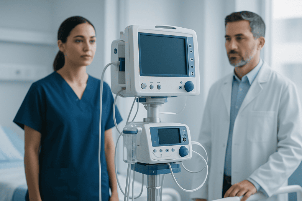 Medical professionals monitoring patient with ventilator in hospital.