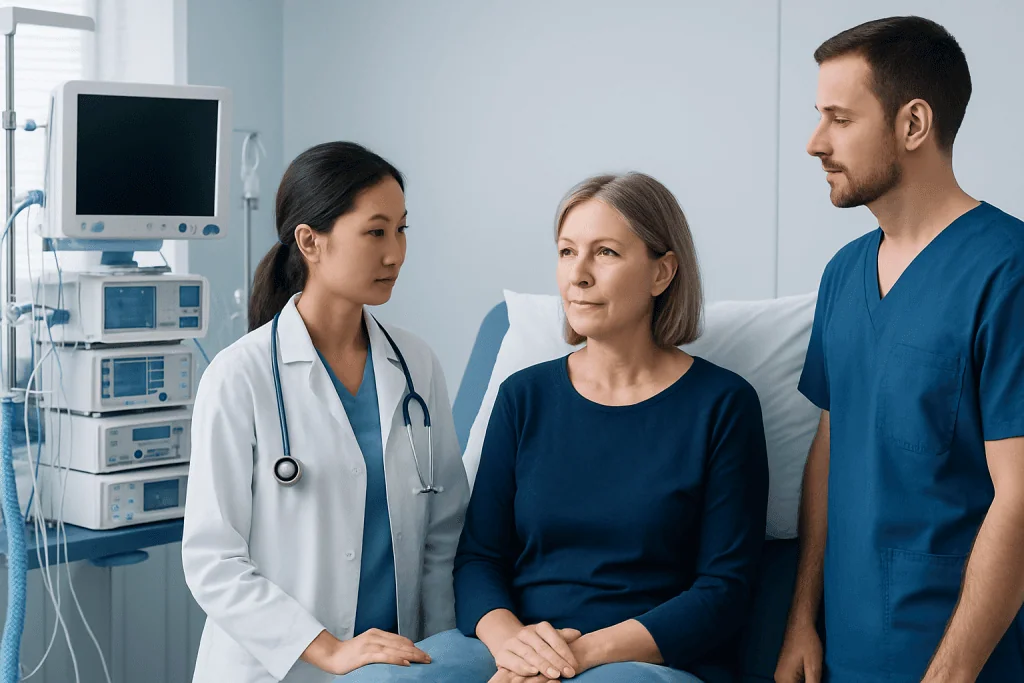 Medical consultation with healthcare professionals and patient in hospital room.