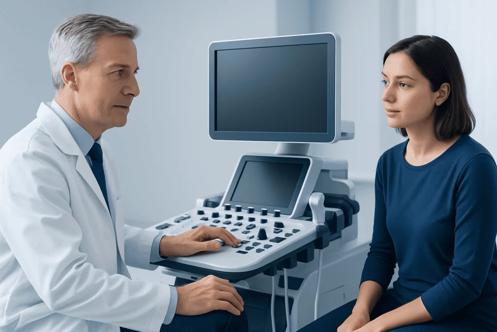 Doctor and patient during ultrasound examination at Acibadem Hospital.
