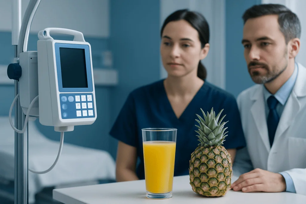 Medical professionals observe pineapple juice for health analysis in hospital setting.