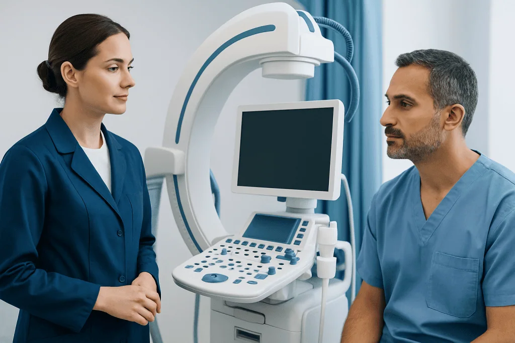Medical professionals using ultrasound equipment in a hospital setting.
