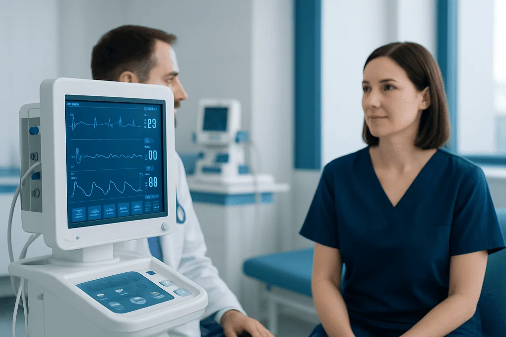 Medical professional monitoring patient with vital signs equipment in hospital.