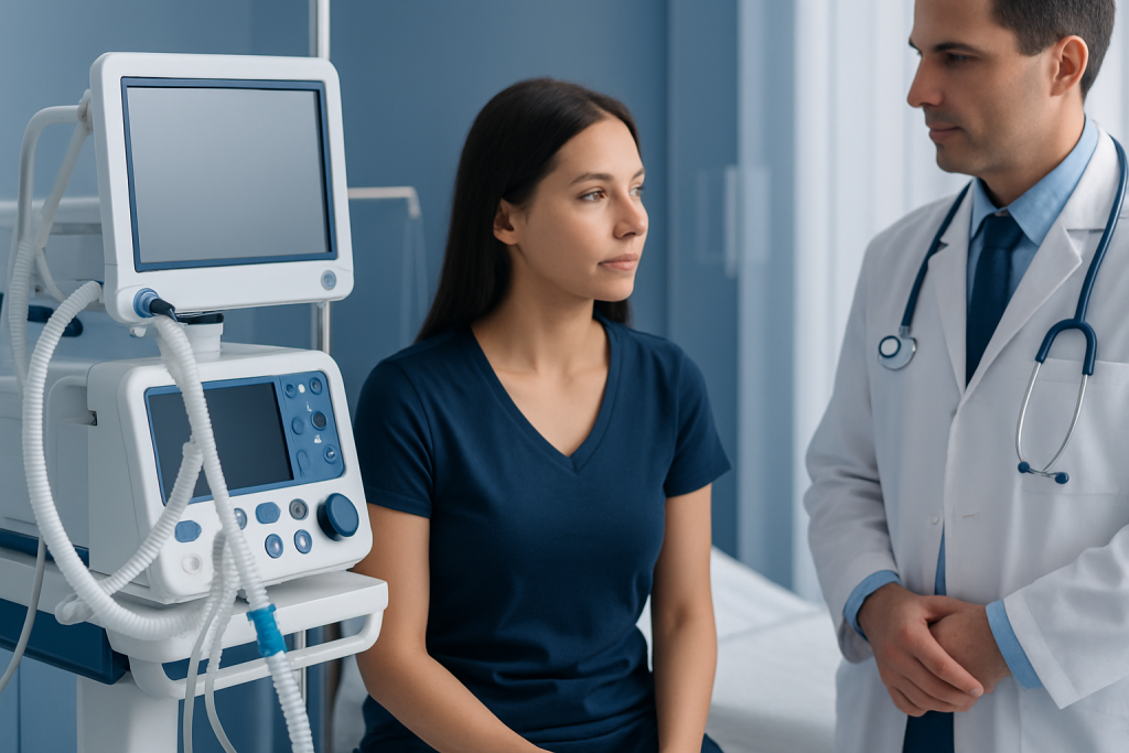 Patient and doctor discussing health in hospital room with medical equipment.