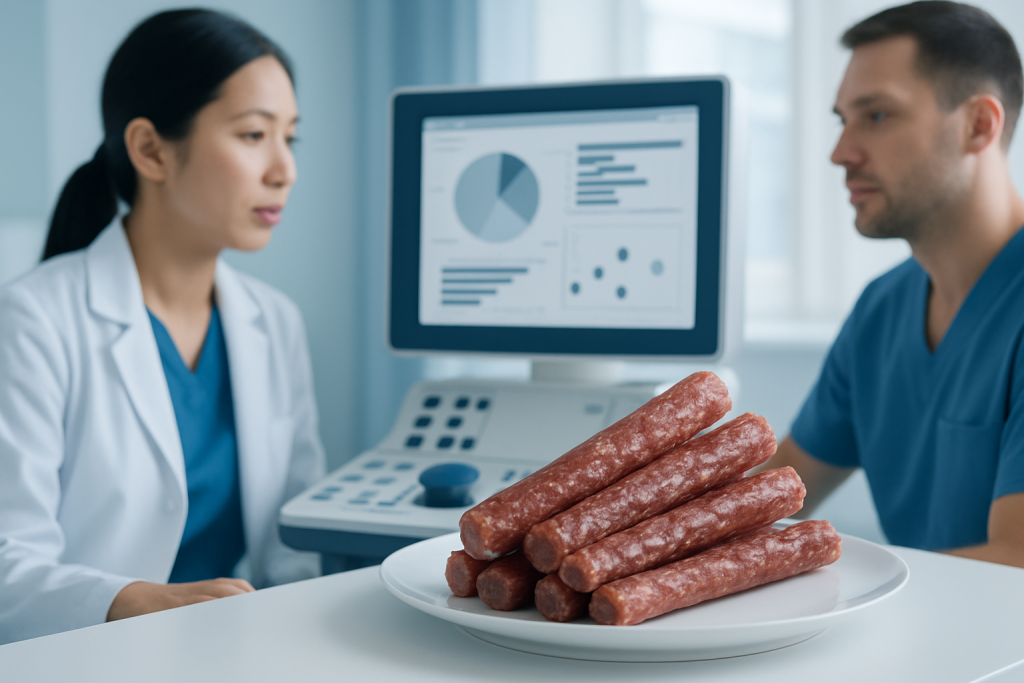Medical professionals analyze meat sticks in a clinical setting.
