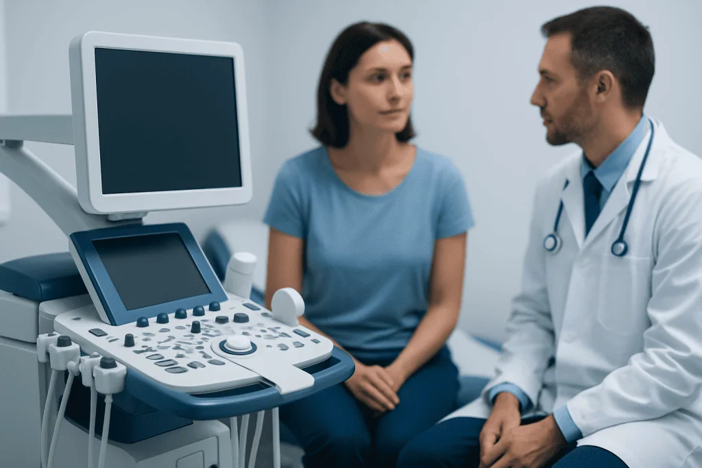 Doctor consulting with a patient in a medical examination room with ultrasound equipment.