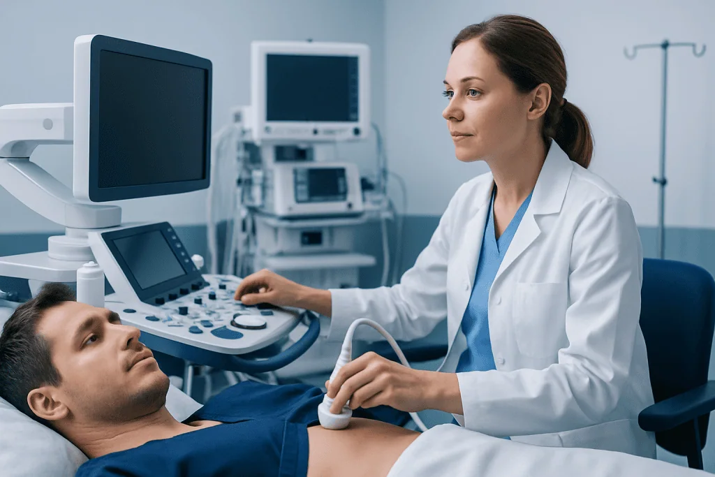 Medical professional performing an ultrasound on a patient in a hospital setting.