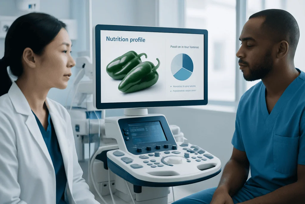 Medical professionals discussing nutrition profile with ultrasound device in hospital.