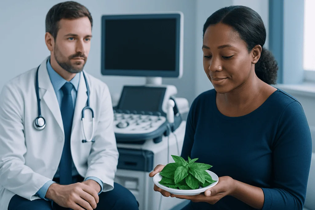 Doctor and patient examining herbal leaves in a medical setting.