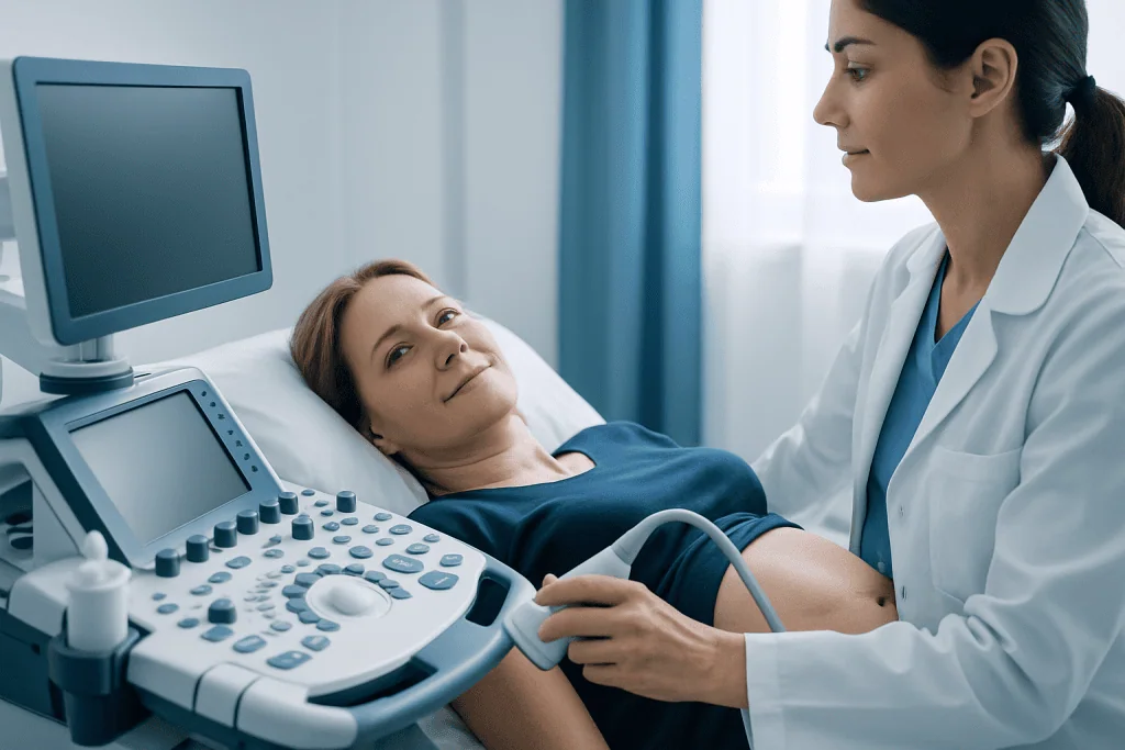Doctor performing an ultrasound on a patient in a hospital room.