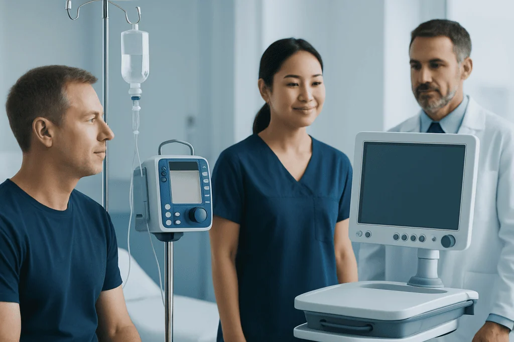 Medical team with patient in hospital room with monitoring equipment.