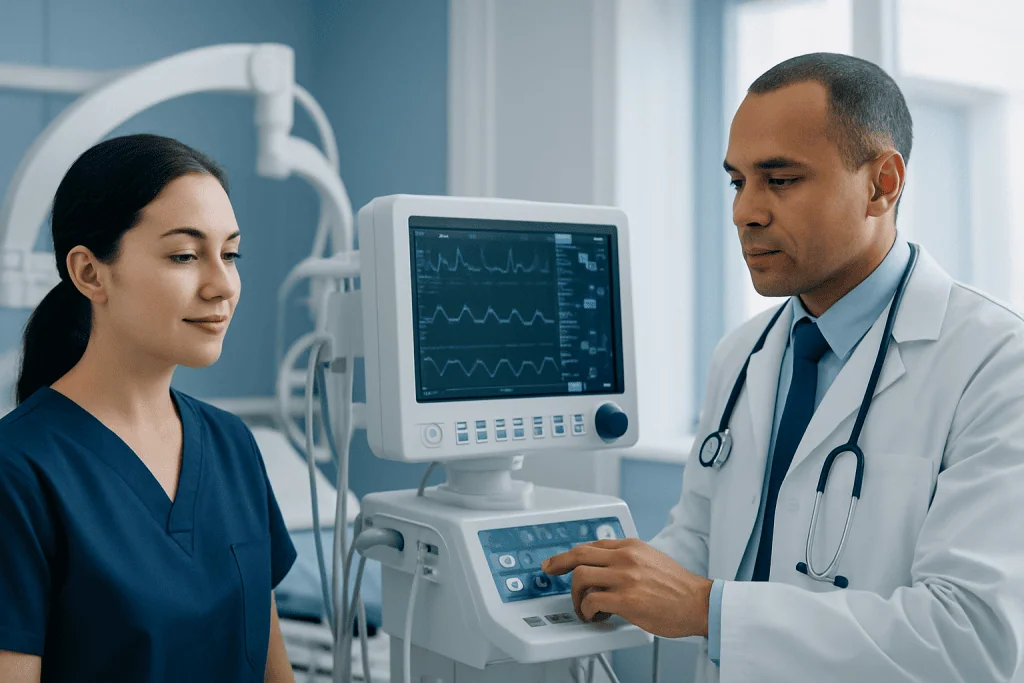 Doctor and nurse monitoring patient with medical equipment in hospital.