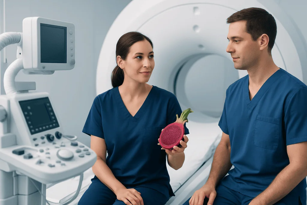 Medical professionals discussing a dragon fruit in a hospital setting.