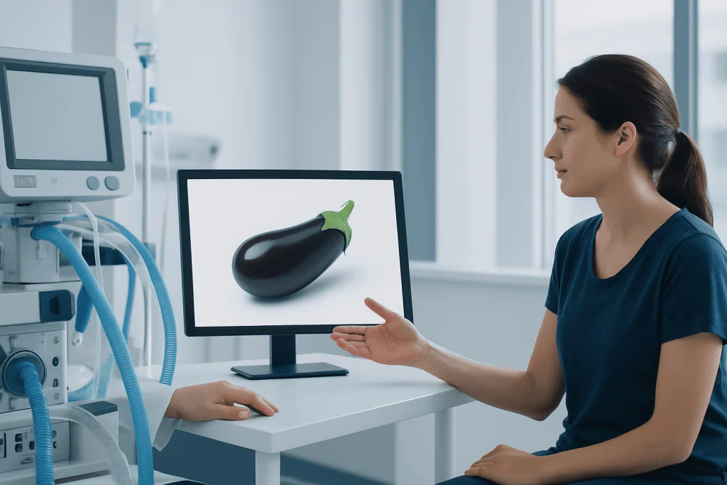 Medical consultation with a 3D eggplant model on screen in hospital setting.