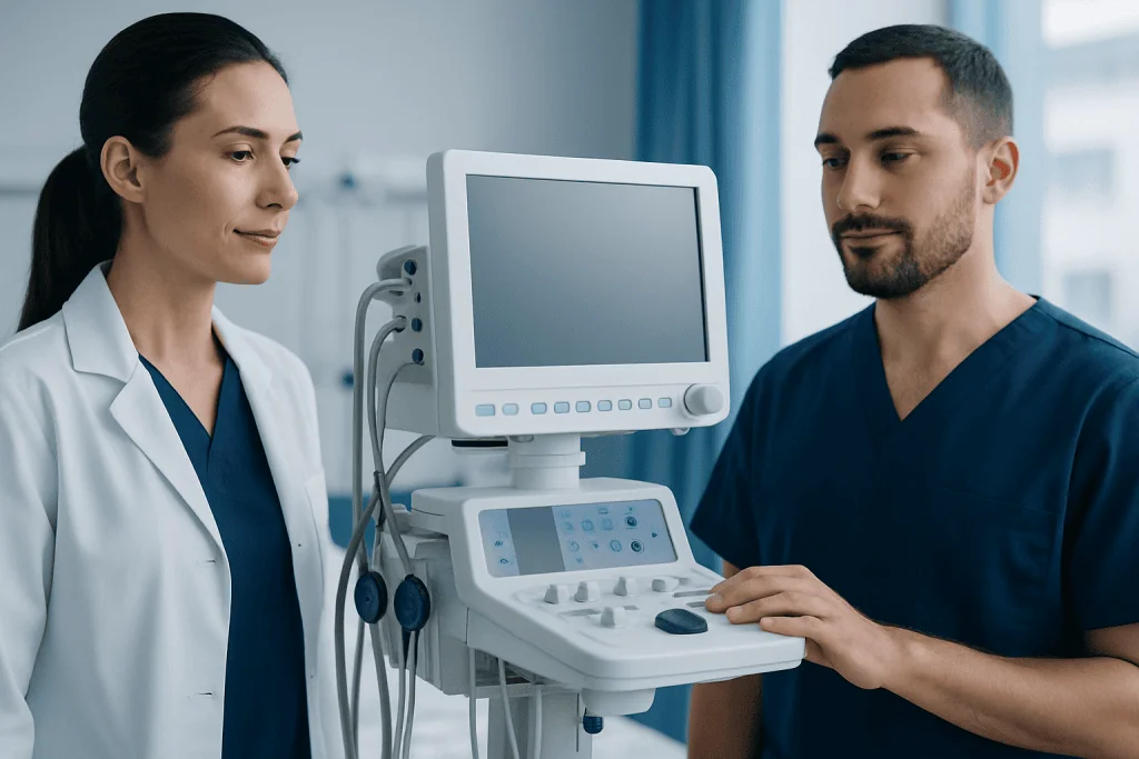 Medical professionals using ultrasound equipment in a hospital setting.