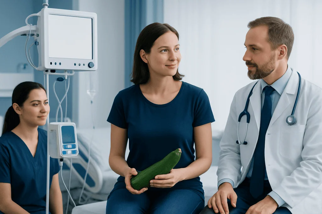 Doctor consulting with a patient holding a zucchini in a hospital room.