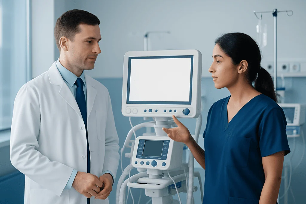 Doctor and nurse discussing patient care in hospital room.