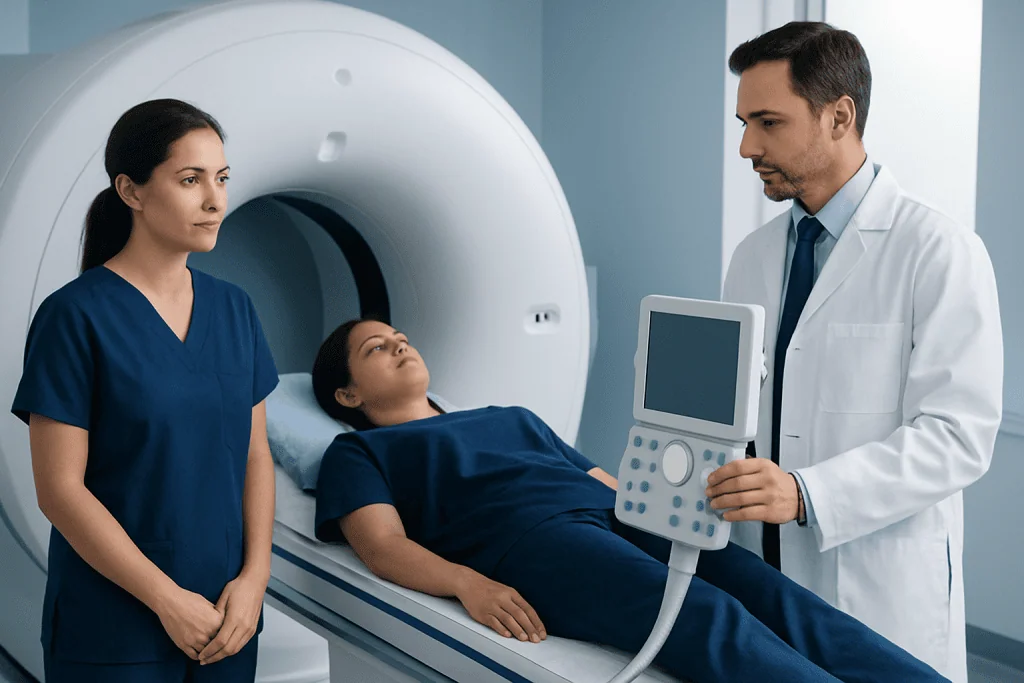 Medical professionals preparing a patient for an MRI scan at Acibadem Hospital.