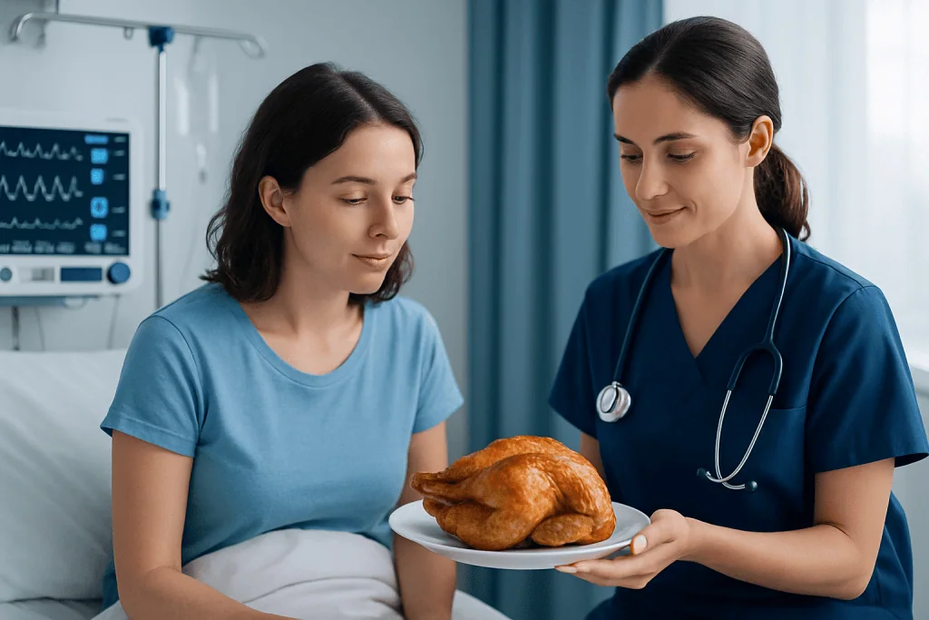 Healthcare professional presents a roasted chicken to a patient in a hospital room.