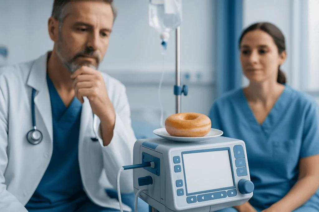Medical professionals examining a glazed donut on a medical device in a clinical setting.