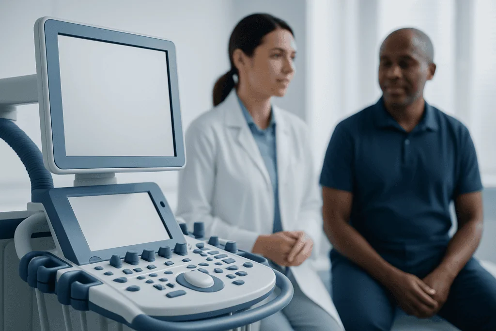 Medical consultation with ultrasound equipment at Acibadem Hospitals Group.