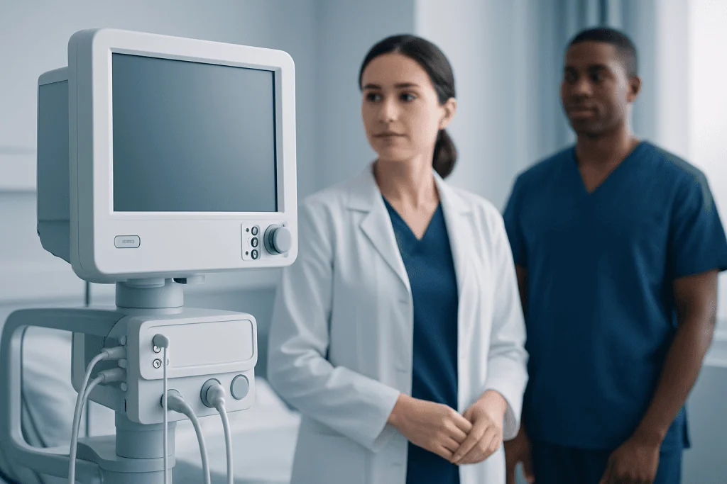 Medical professionals with monitor in a hospital setting.