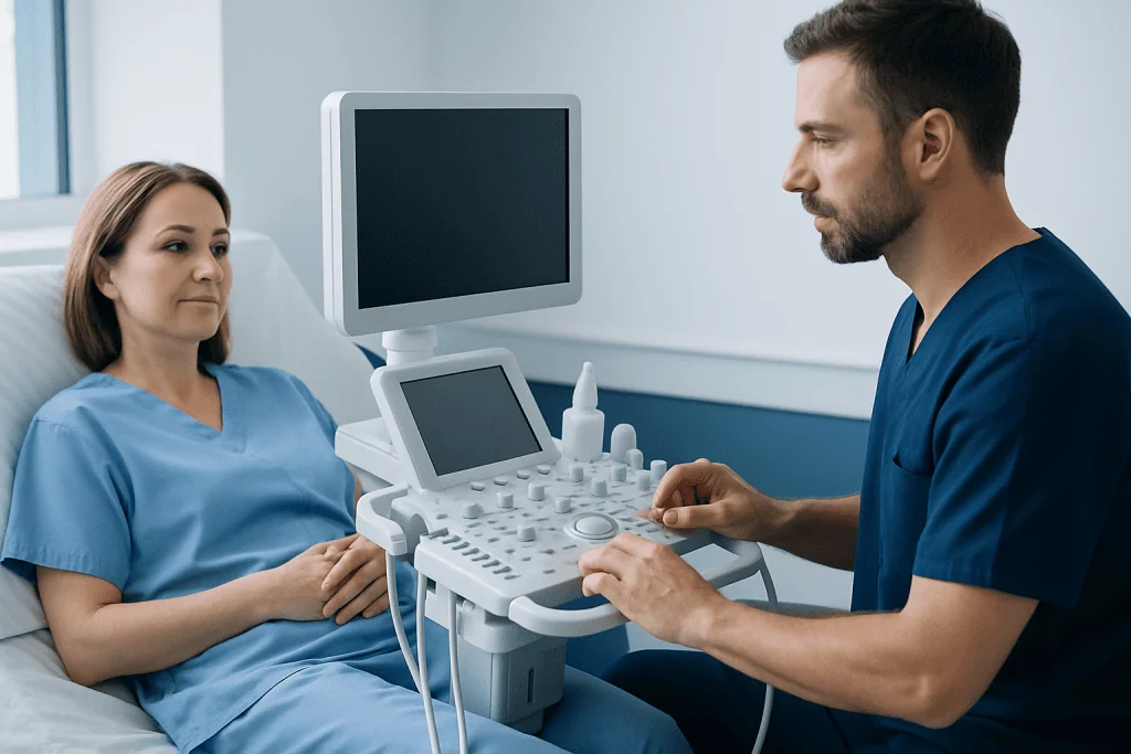 Medical consultation with ultrasound device in hospital room.