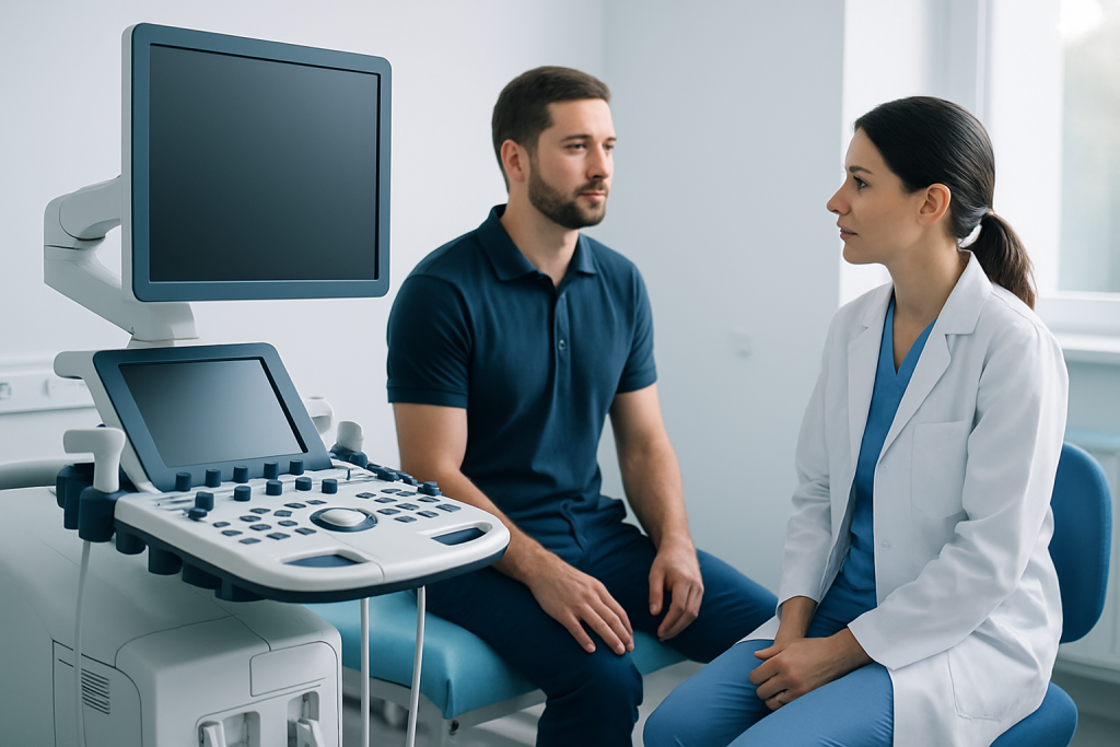 Doctor consulting patient during ultrasound examination at hospital.