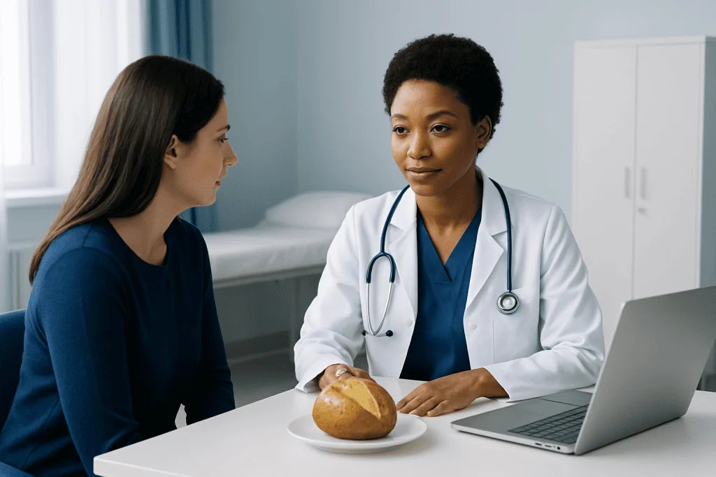 Doctor discussing health with patient in a medical consultation room.