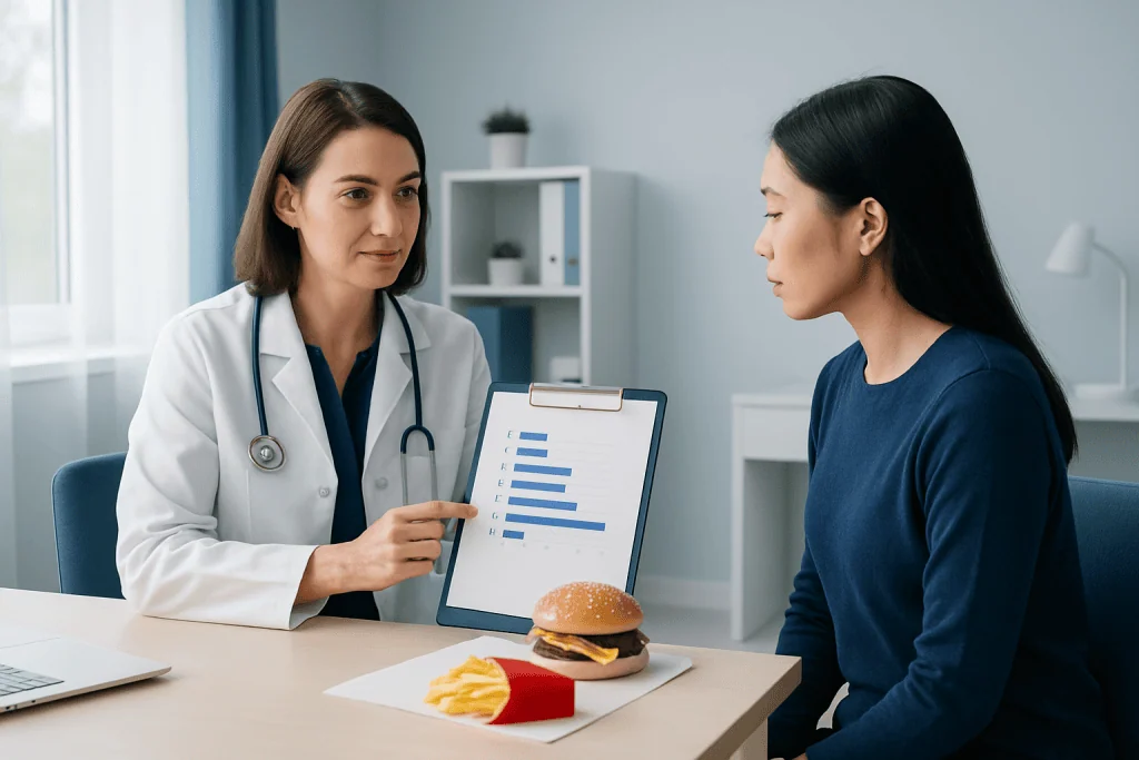 Doctor discussing nutrition with patient in a clinical setting.