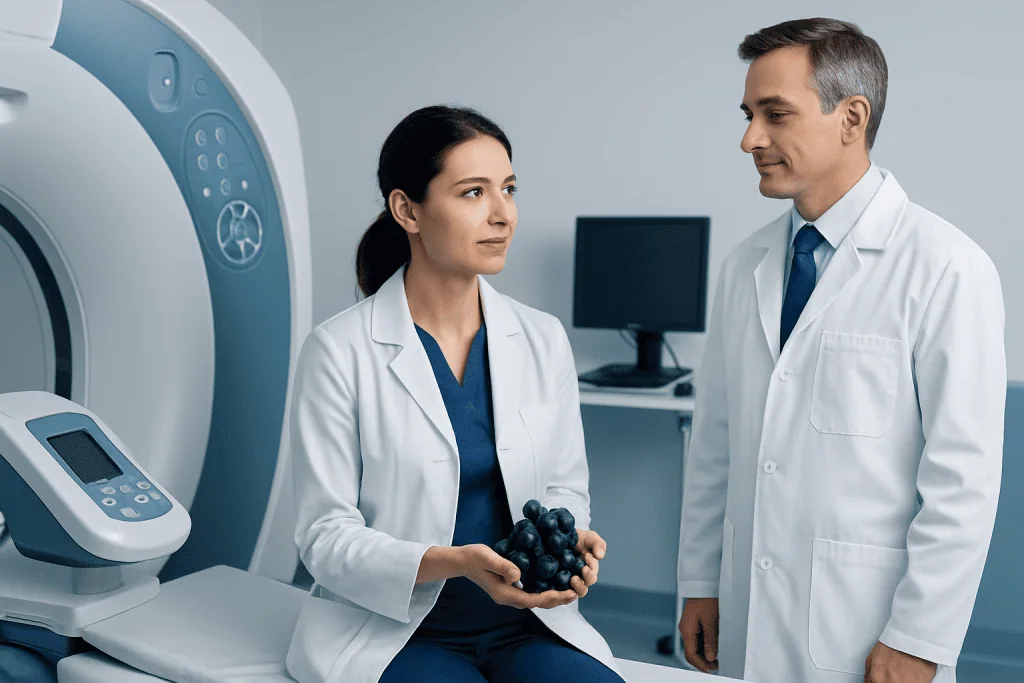 Medical professionals discussing grapes in a hospital setting.