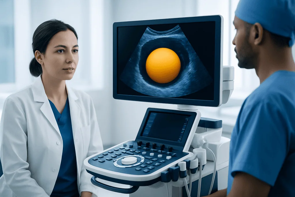 Medical professionals discussing ultrasound scan with an egg-shaped object.