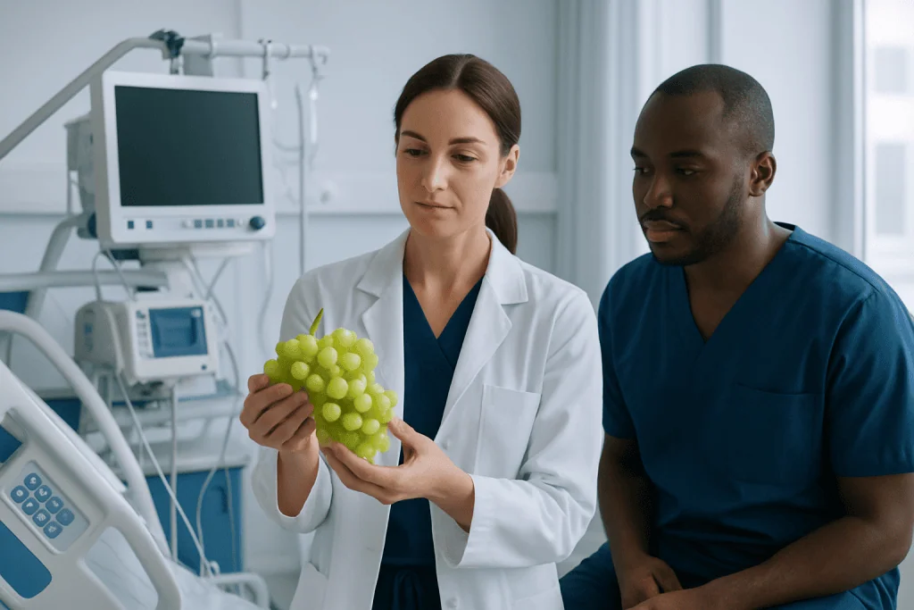 Medical professionals examining grapes in a hospital setting for health analysis.