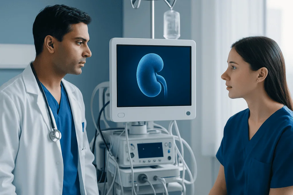 Doctor and nurse discussing kidney ultrasound in hospital setting.