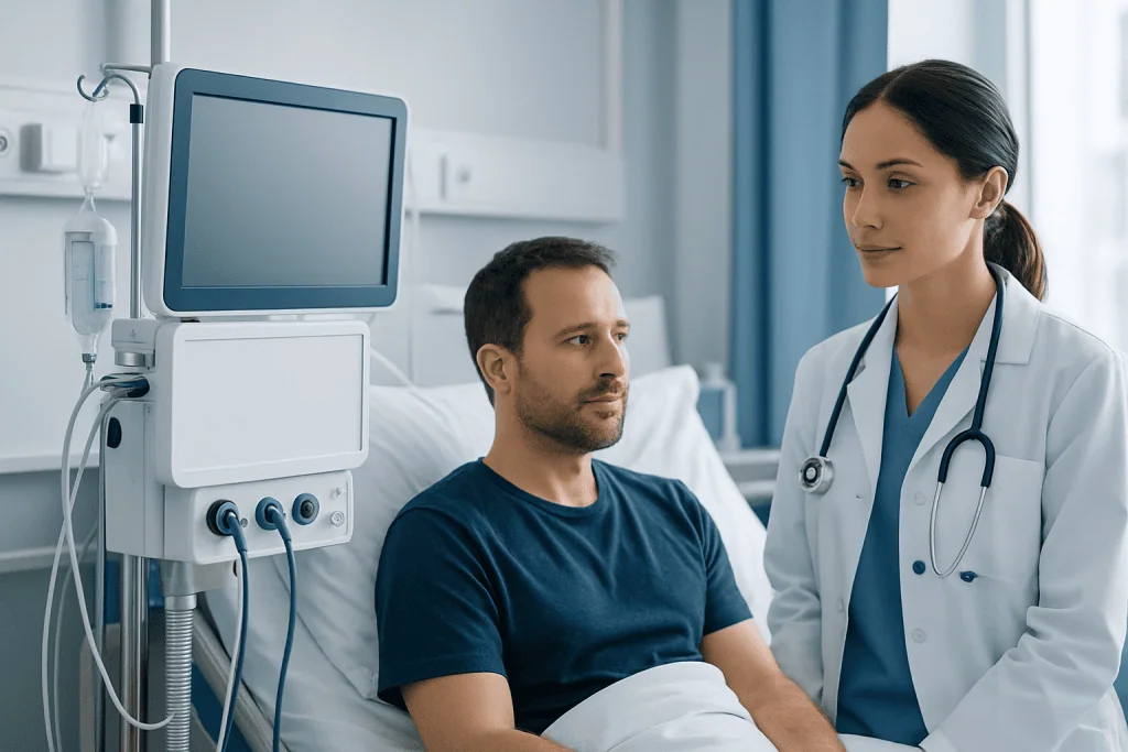 Doctor consulting with patient in hospital room with medical equipment.