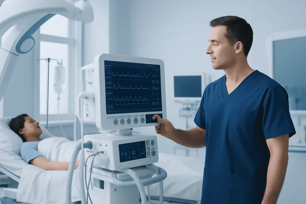 Medical professional monitoring patient with ECG in hospital setting.
