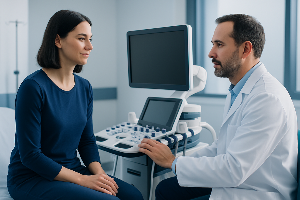 Doctor consulting with a patient in a medical examination room.