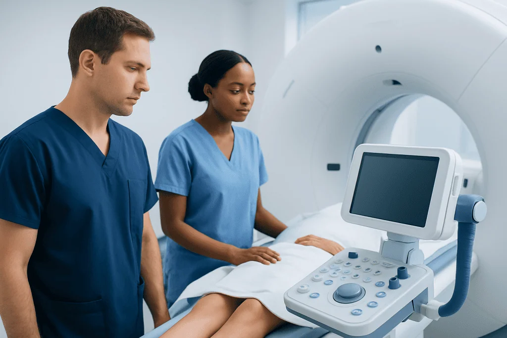 Medical professionals preparing for an MRI scan in a hospital setting.