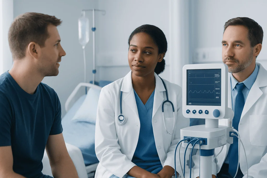 Medical consultation with a doctor and patient in hospital room.