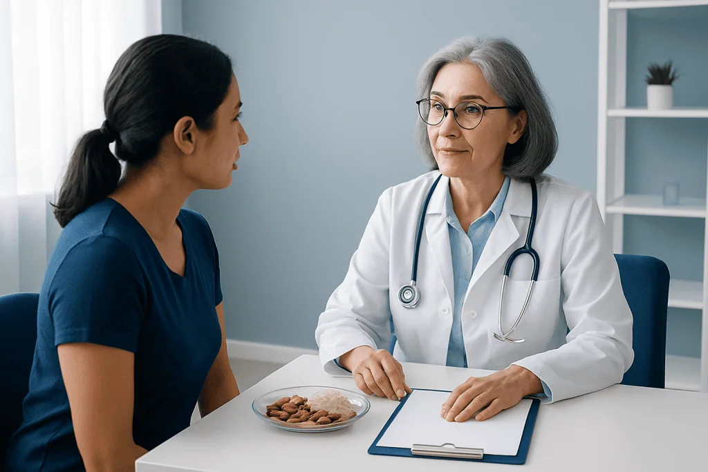 Doctor consulting with patient in a medical office setting.