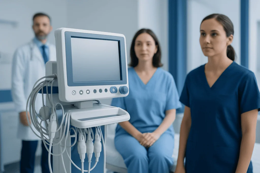Medical team with patient monitor in hospital setting.