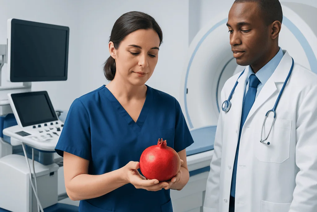 Healthcare professionals examining a pomegranate in a medical setting.