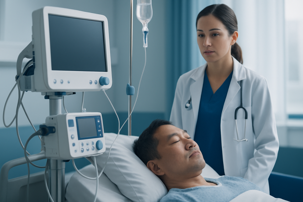 Hospital nurse monitoring patient in ICU with medical equipment.