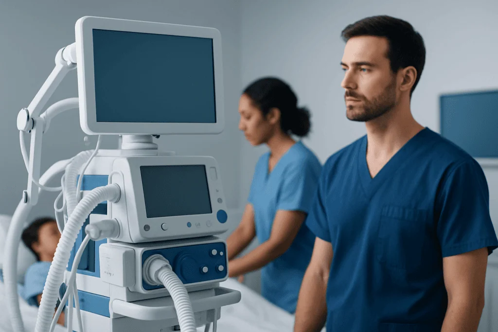 Medical professionals monitoring patient with ventilator in hospital.