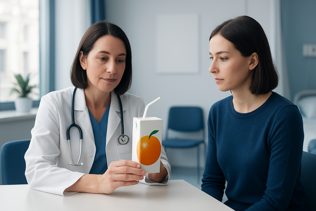 Doctor explaining juice box benefits to patient in a medical consultation.
