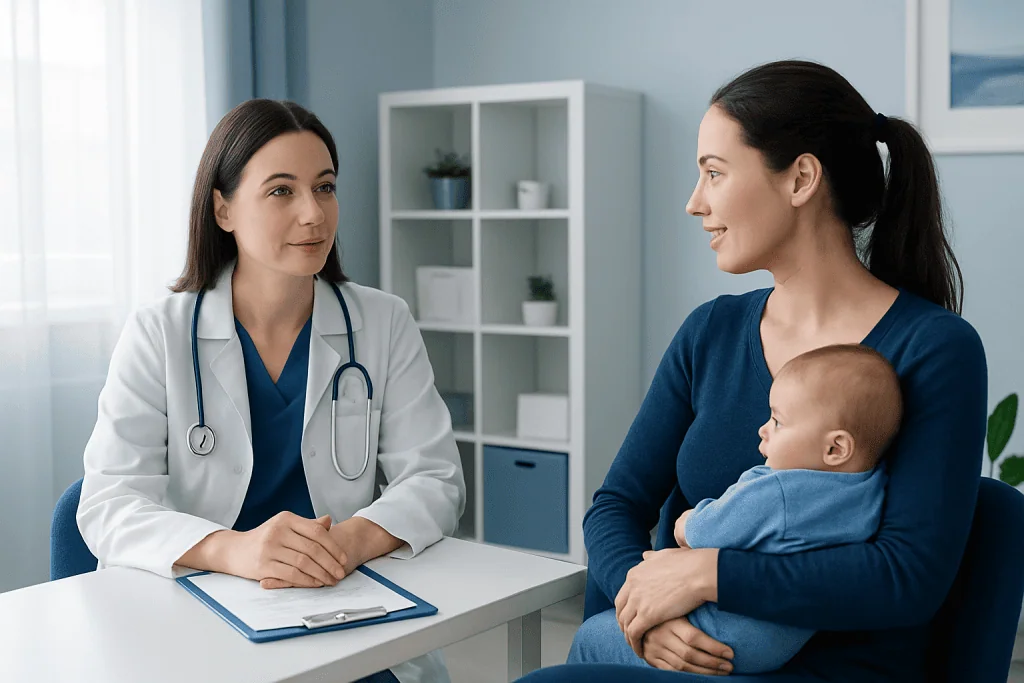 Doctor consulting new mother with baby in a hospital or clinic setting.