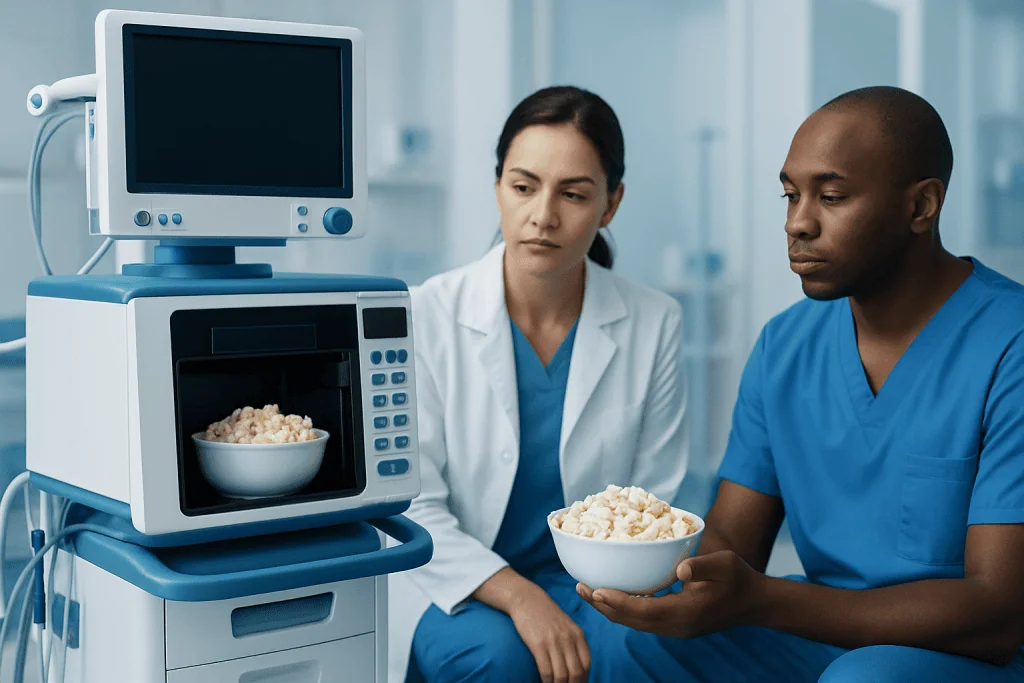 Medical professionals monitor microwave popcorn in a hospital setting.