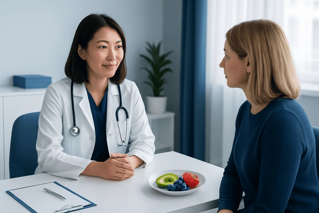 Doctor consulting with a patient in a medical office with low carb fruits on the table.