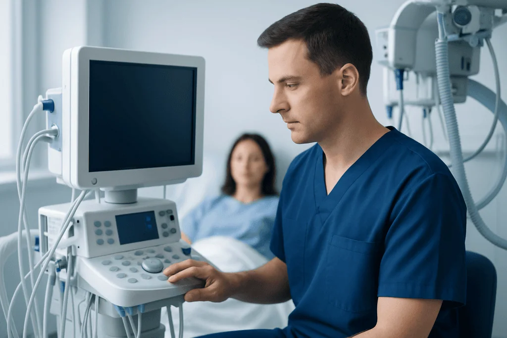Healthcare professional operating medical ultrasound equipment in hospital.